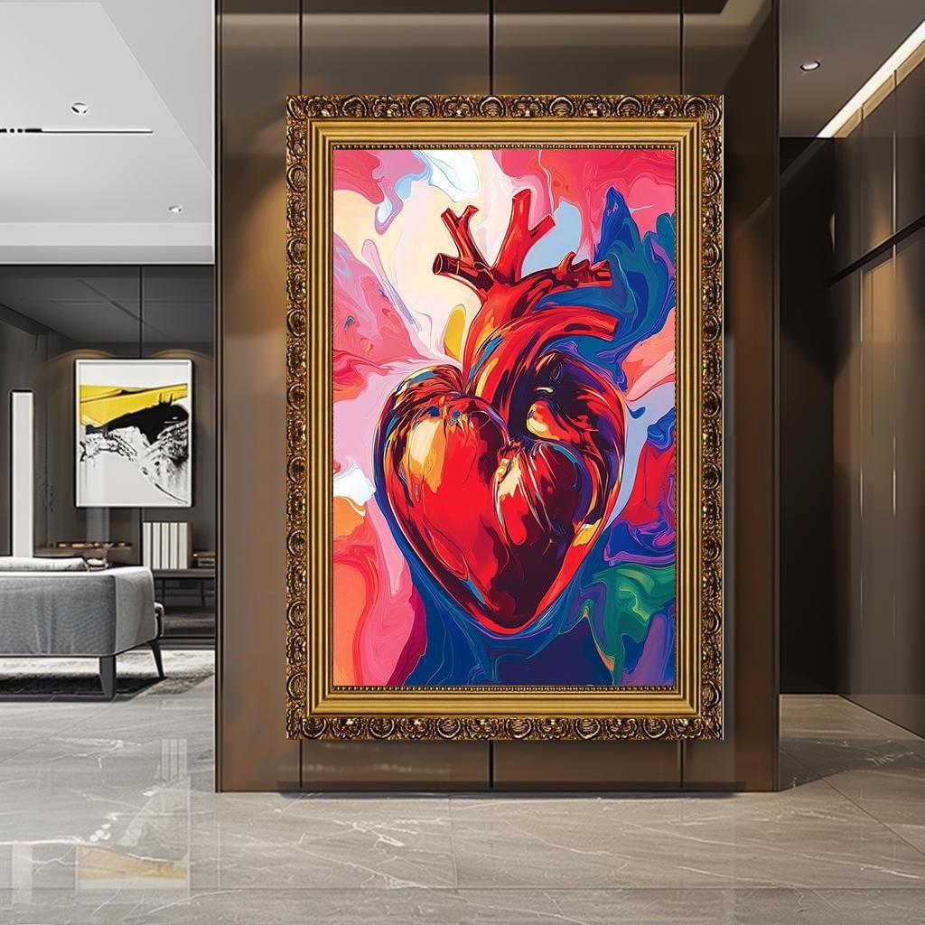 Vibrant Heart Wall Art, Bold Anatomical Heart Canvas Print, Colorful A