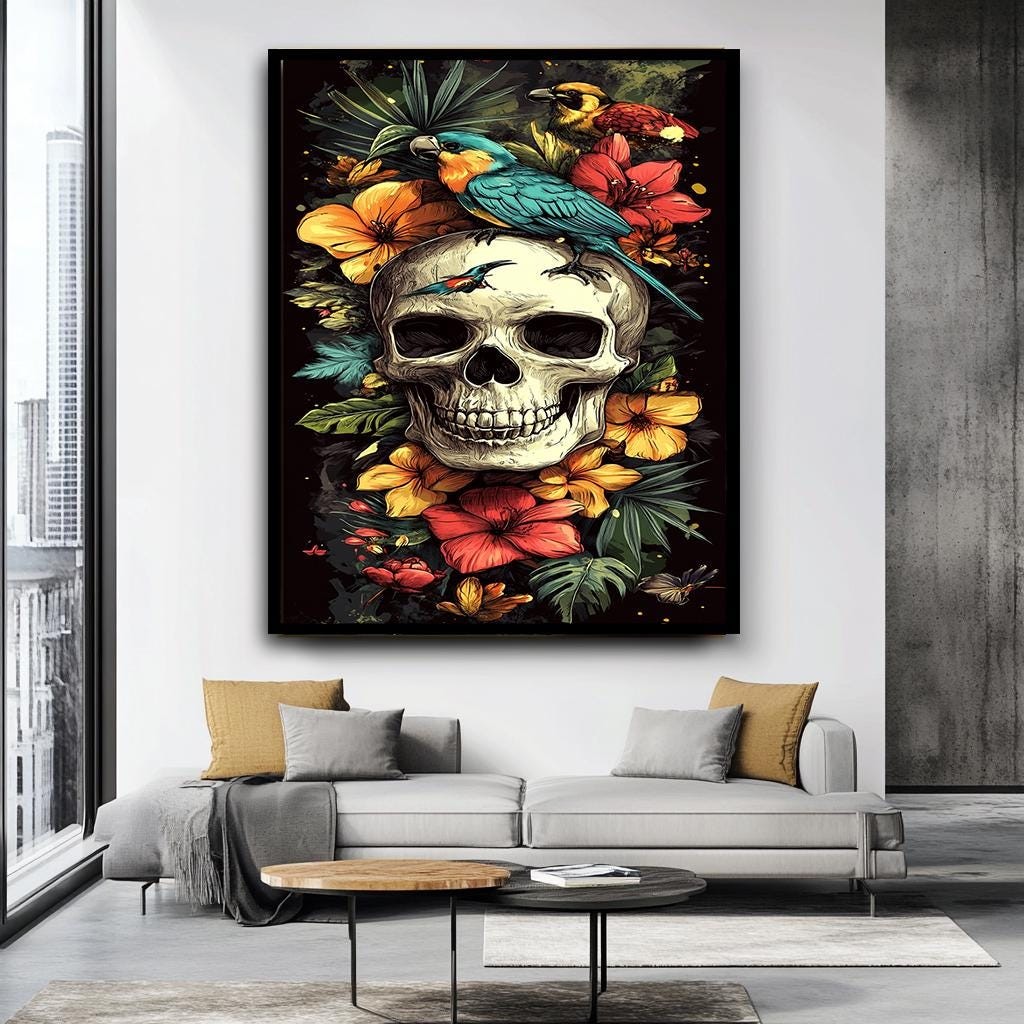 Skull and Parrots Canvas Art, Vibrant Floral Skull Artwork, Gothic Tro