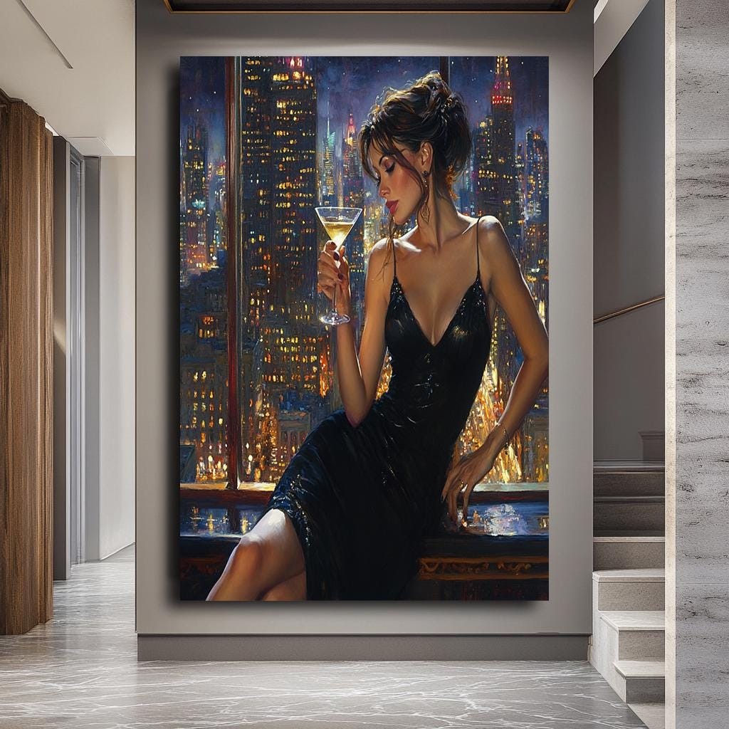 Woman in Black Dress Canvas Print, Sensual Cityscape Wall Art, Modern 