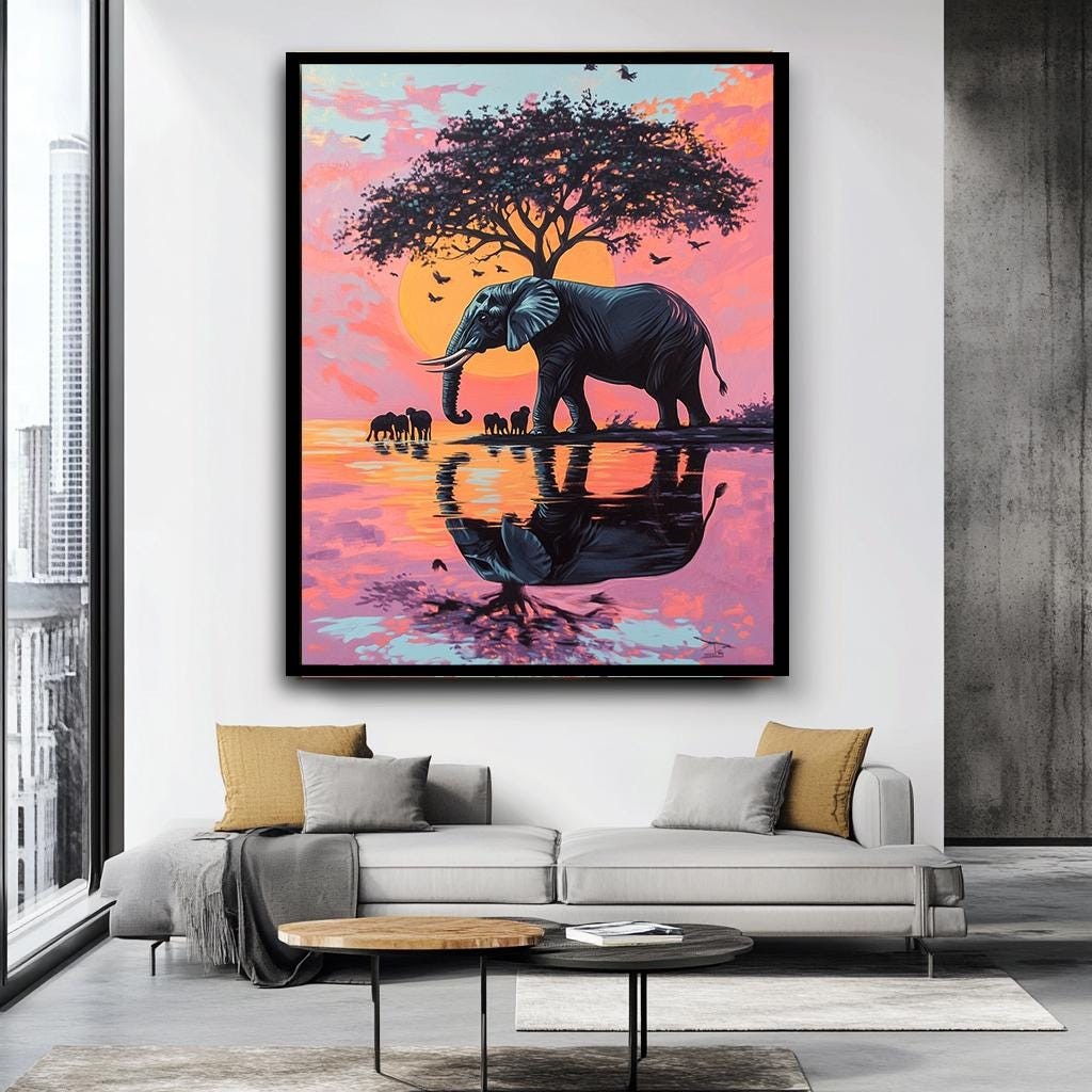 African Elephant Sunset Canvas Art | Colorful Safari Landscape Wall De