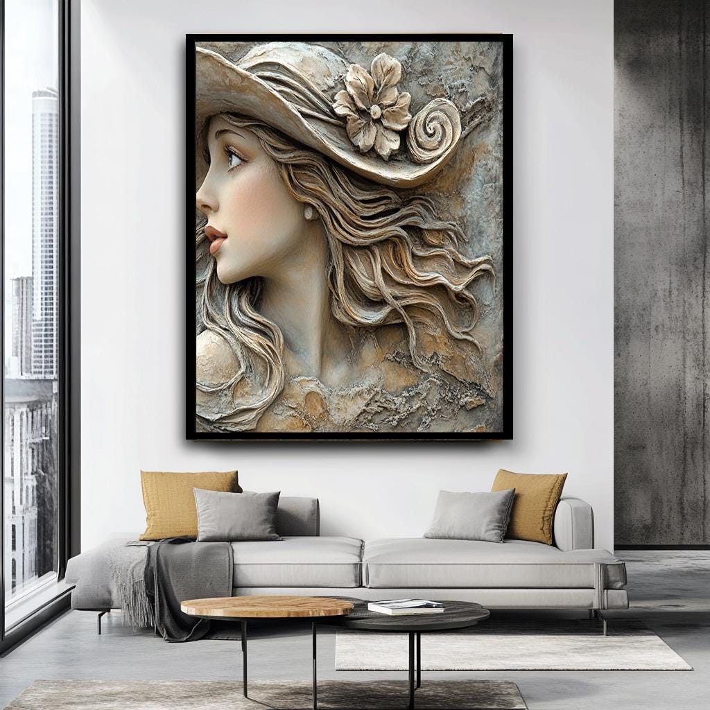 Vintage Woman Wall Art, 3D Textured Canvas, Elegant Lady in Hat, Roman