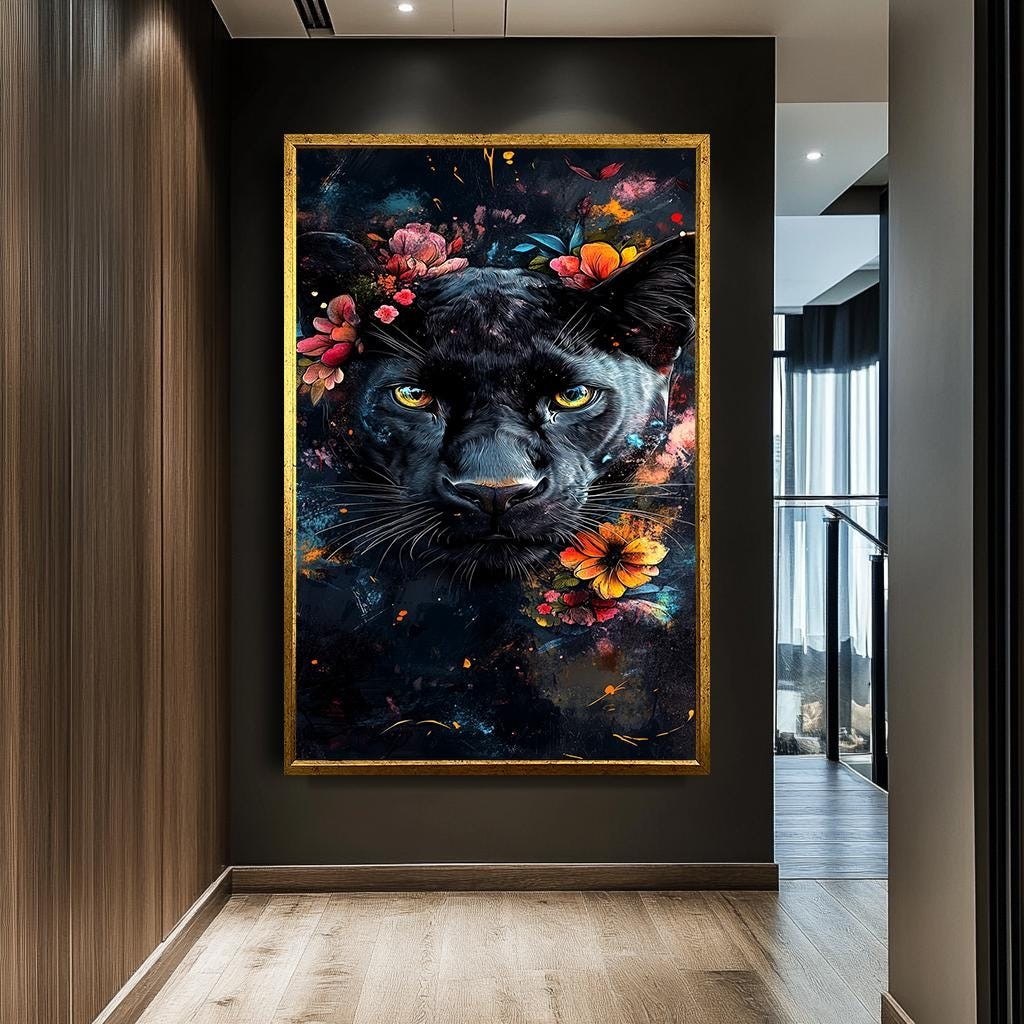 Black Panther with Floral Accents Canvas Print, Bold Wildlife Wall Art