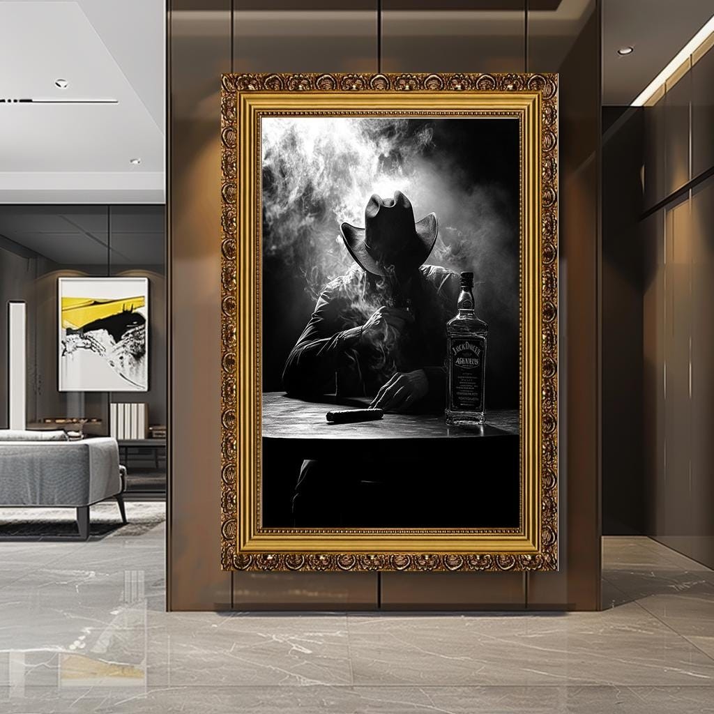 Western Cowboy Black and White Canvas Print, Cigar and Whiskey Wall Ar