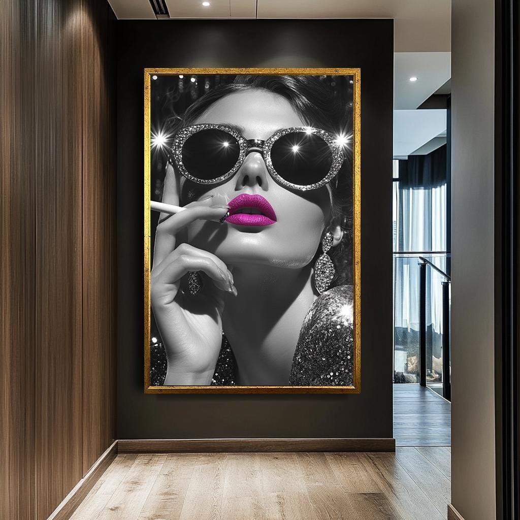 Glamorous Woman Wall Art with Pink Lips, Black and White Luxury Canvas