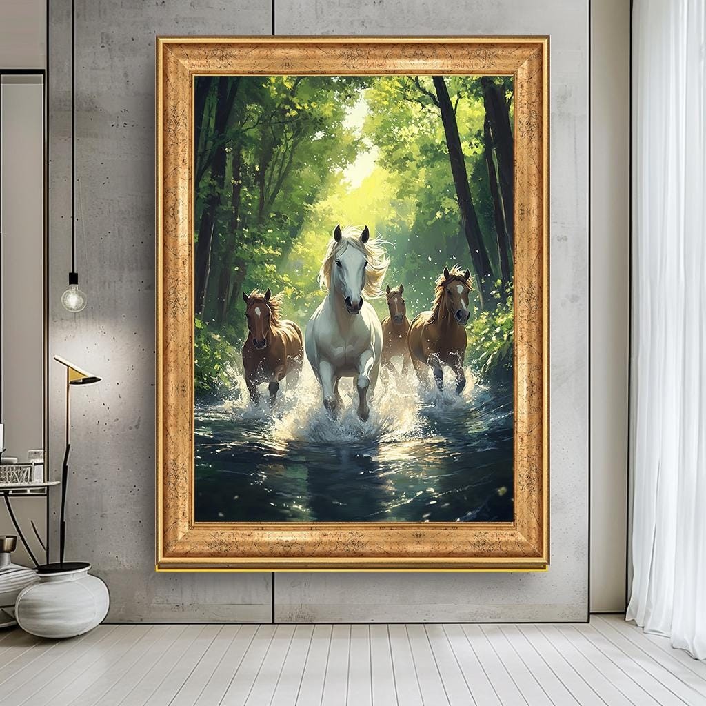 Majestic Horses Running Through Water Canvas Art, Nature-Inspired Anim