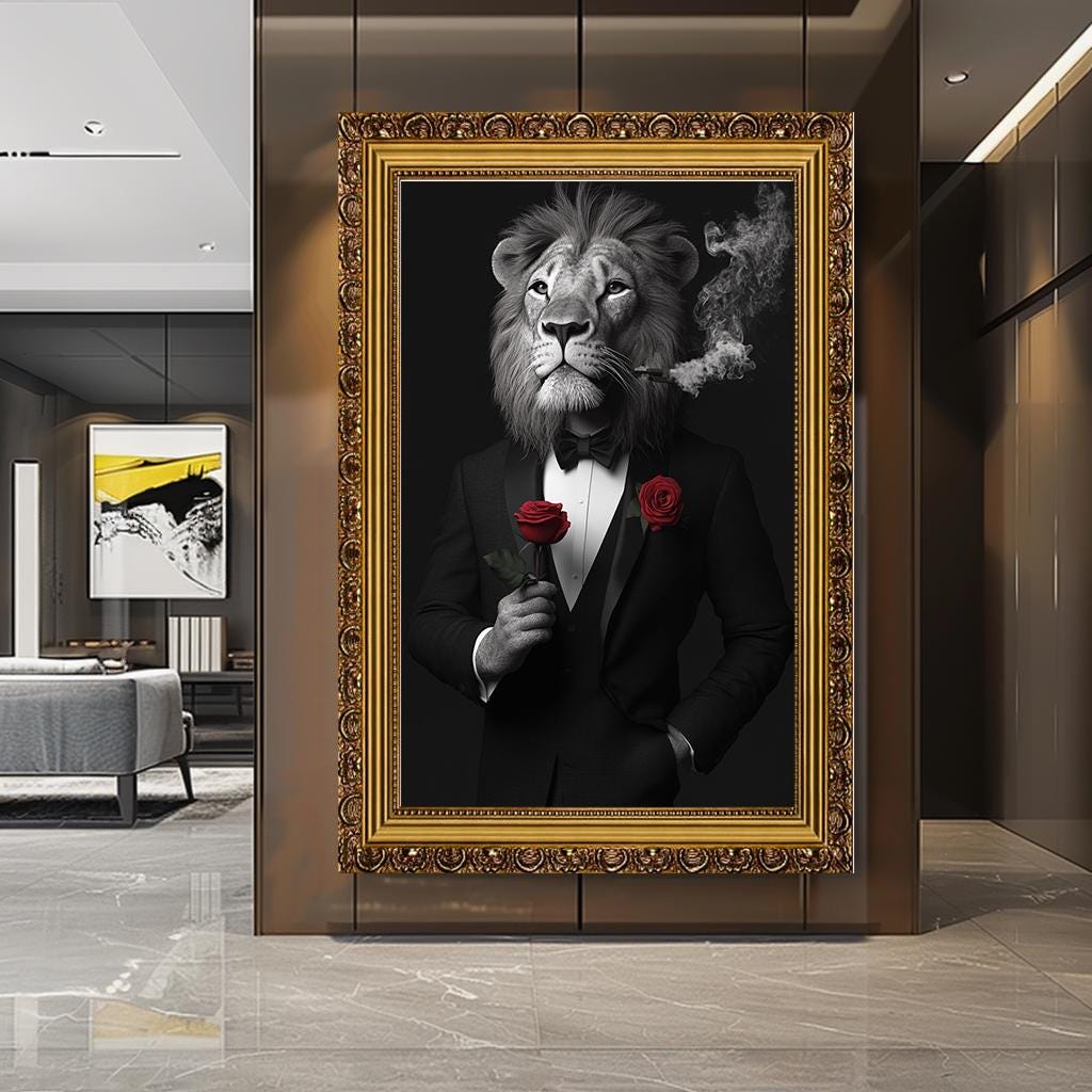 Lion Wall Art in Tuxedo - Modern Animal Portrait, Smoking Lion with Ro