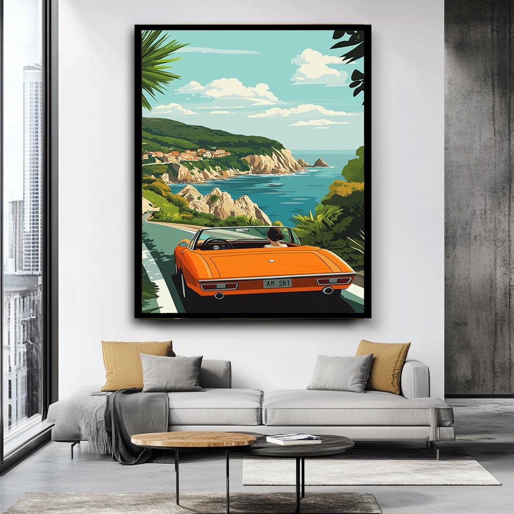 Coastal Road Trip Wall Art, Vintage Car by the Sea Canvas, Retro Trave