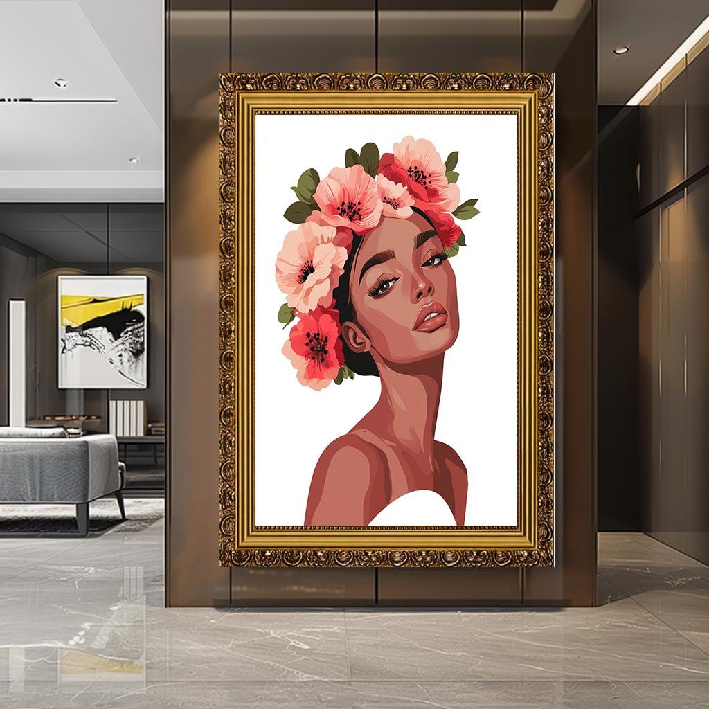 Floral Woman Portrait Wall Art, Elegant Flower Crown Canvas, Feminine 