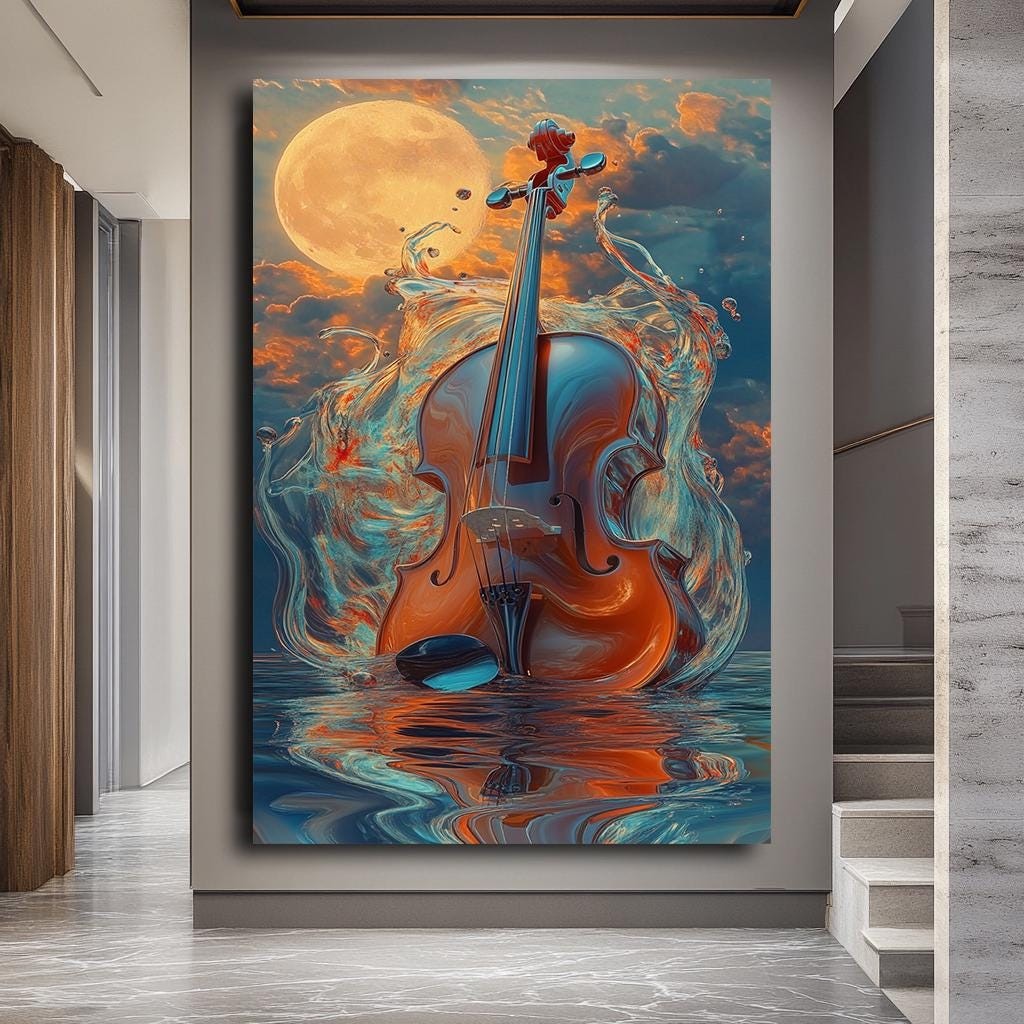Violin and Moon Canvas Print, Dreamlike Musical Instrument Art, Vibran