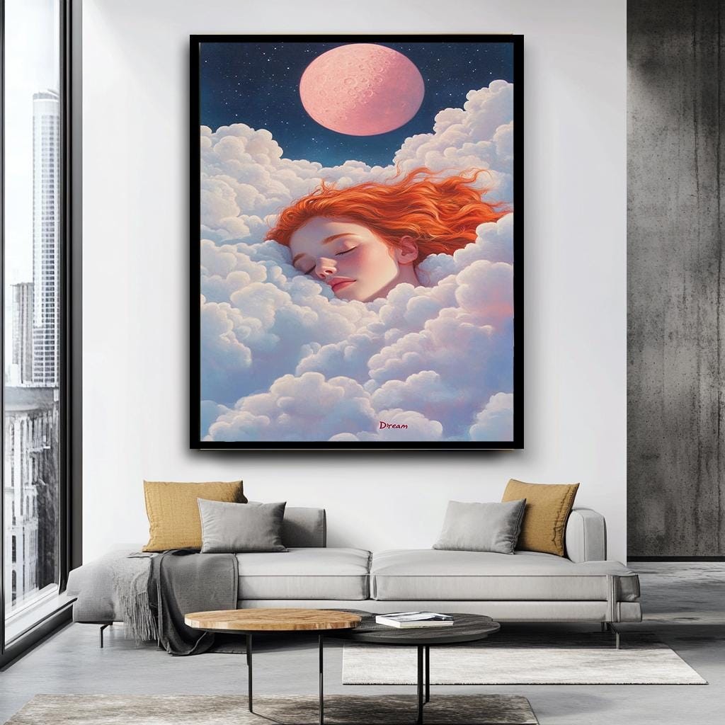 Dreamy Girl in Clouds with Pink Moon Canvas Art | Surreal Sleep-Inspir