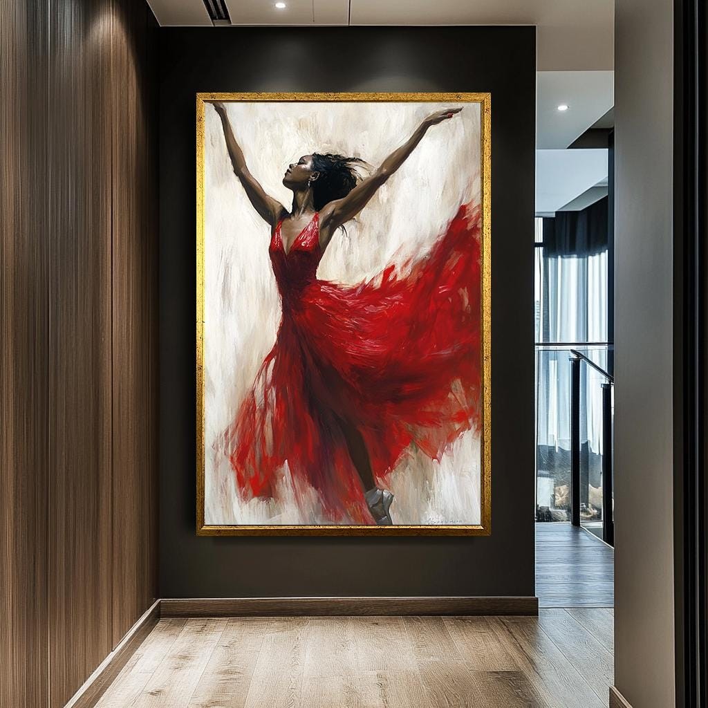 African Ballerina in Red Dress Canvas Print, Graceful Dance Art, Dynam