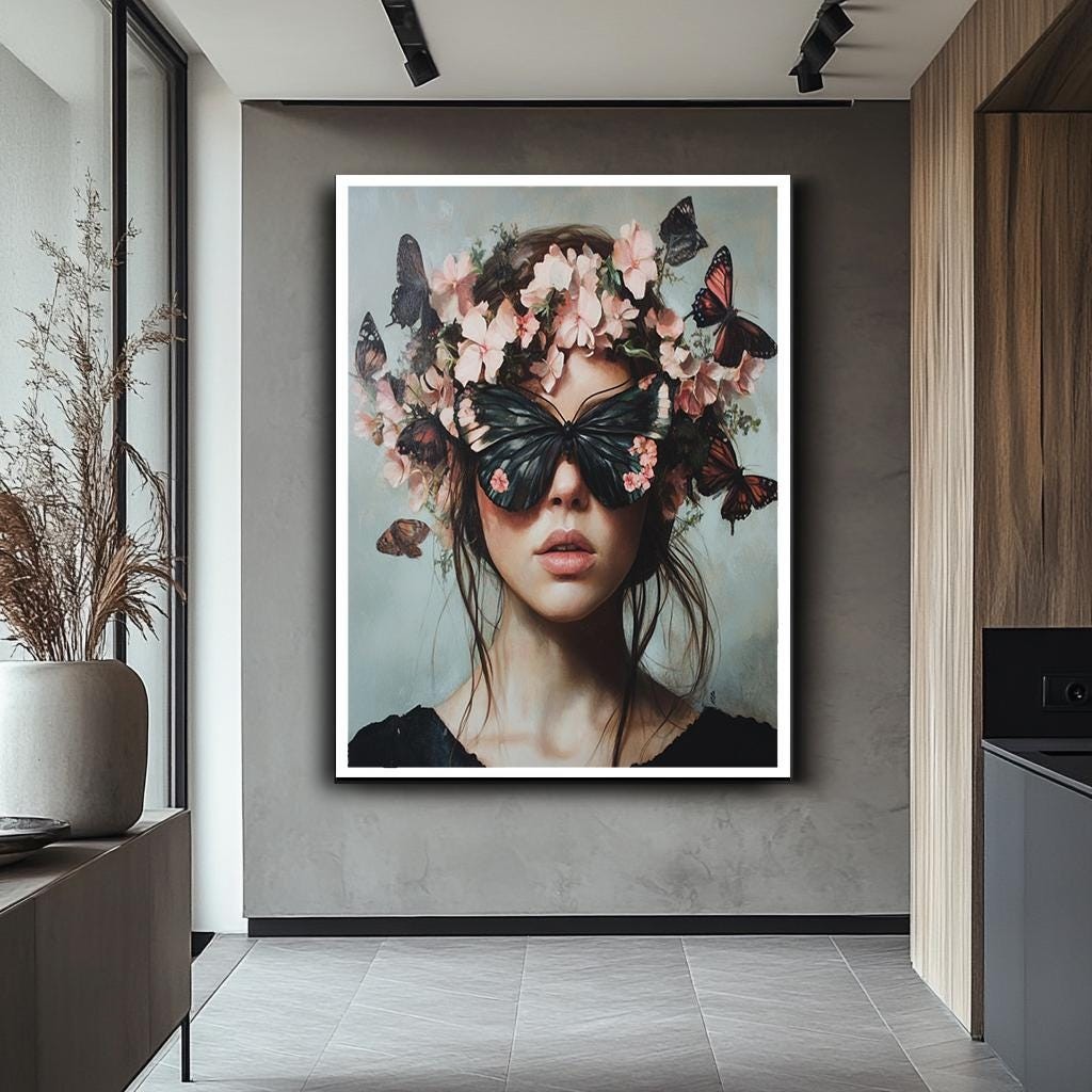 Butterfly Woman Portrait Art, Surreal Floral Crown Canvas, Elegant Fan