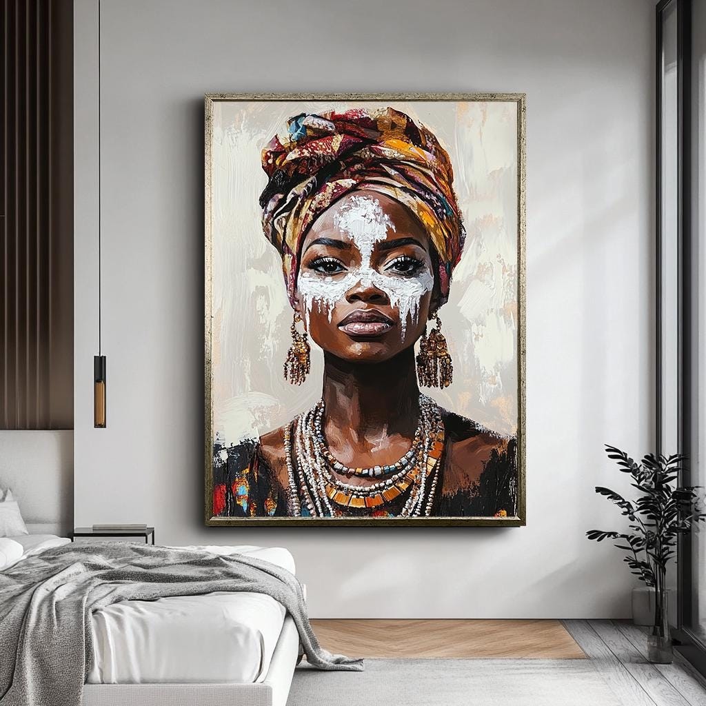 African Woman Portrait Wall Art, Bold Tribal Canvas, Cultural Expressi