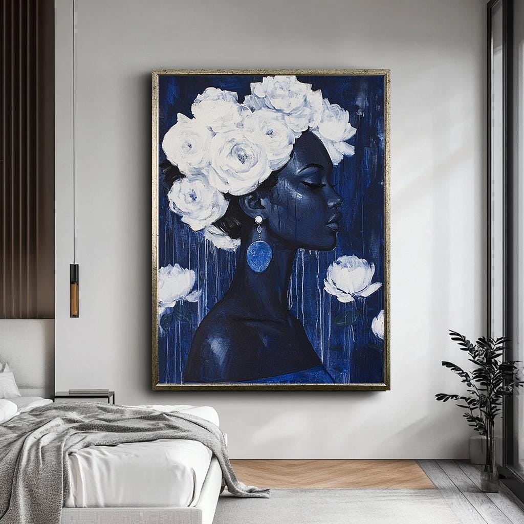 Elegant Blue Woman Portrait Canvas with White Roses, Modern Floral Art