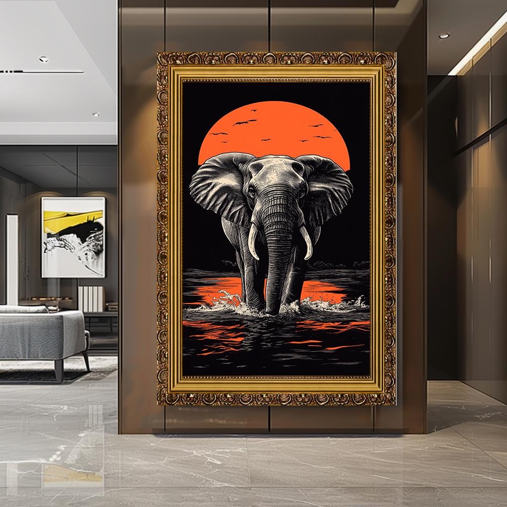Majestic Elephant Sunset Wall Art, Bold African Wildlife Canvas, Vibra