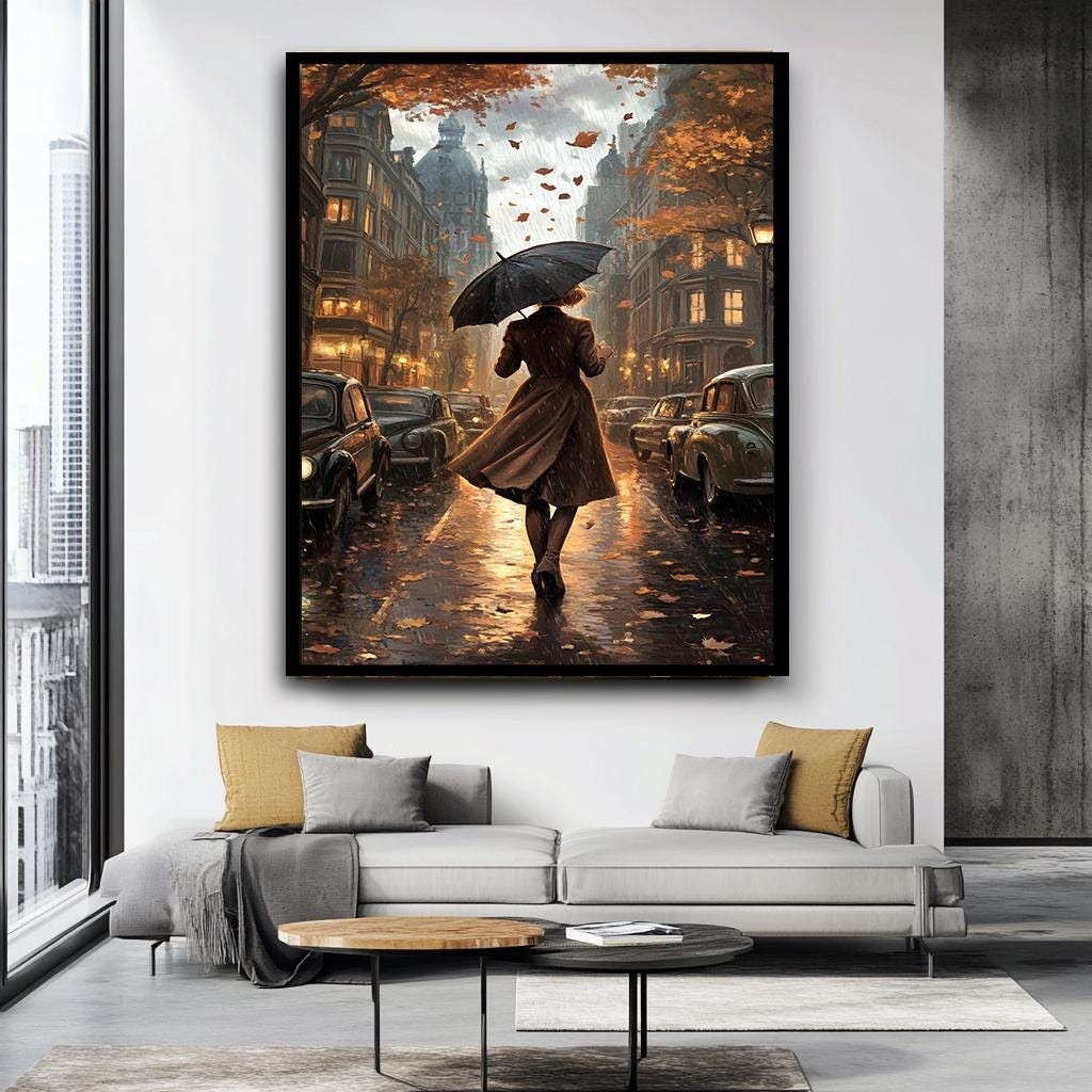Rainy Street Scene Wall Art, Elegant Woman with Umbrella Canvas, Vinta