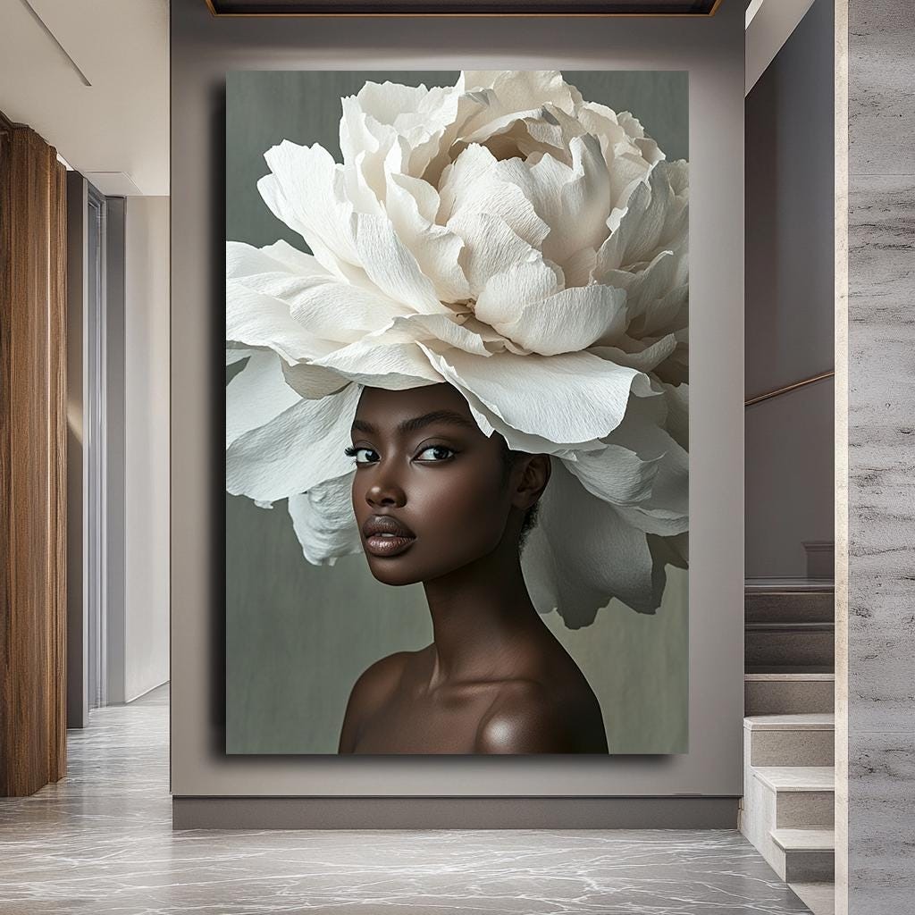 Çiçek Başlıklı Zarif Afrikalı Kadın Kanvas Tablo, Cesur Afrocentric Duvar Sanatı, Modern Moda Portre, Zarif Siyah Güzellik Sanat Eseri