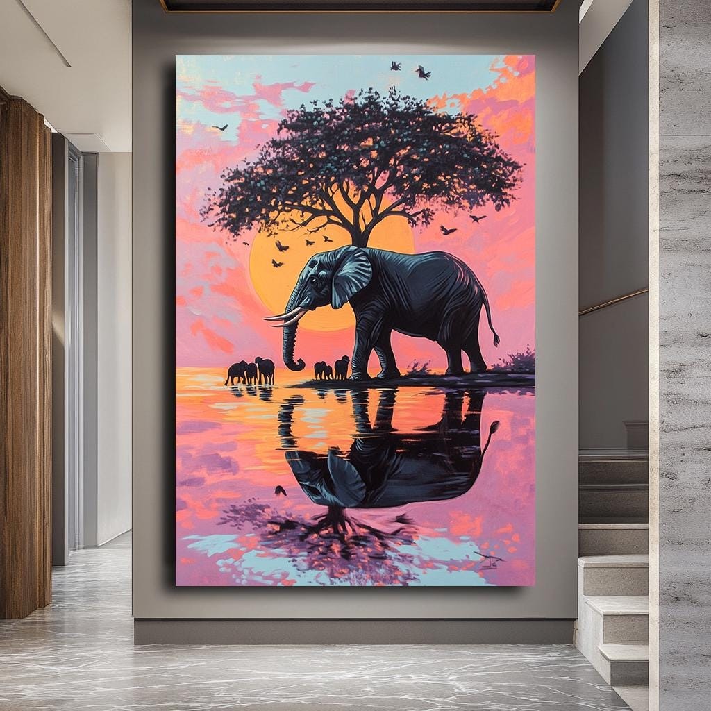 African Elephant Sunset Canvas Art | Colorful Safari Landscape Wall De