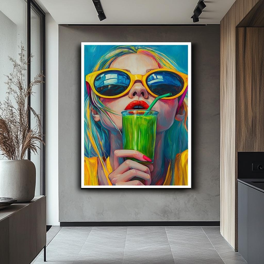 Vibrant Summer Woman with Green Smoothie Wall Art, Colorful Pop Art Ca