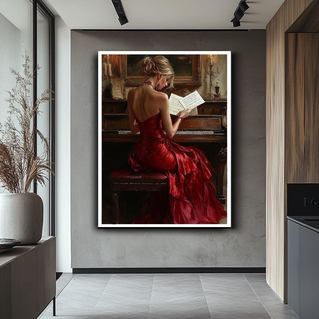 Elegant Woman at Piano Canvas Print, Classical Music Art, Red Dress Wa