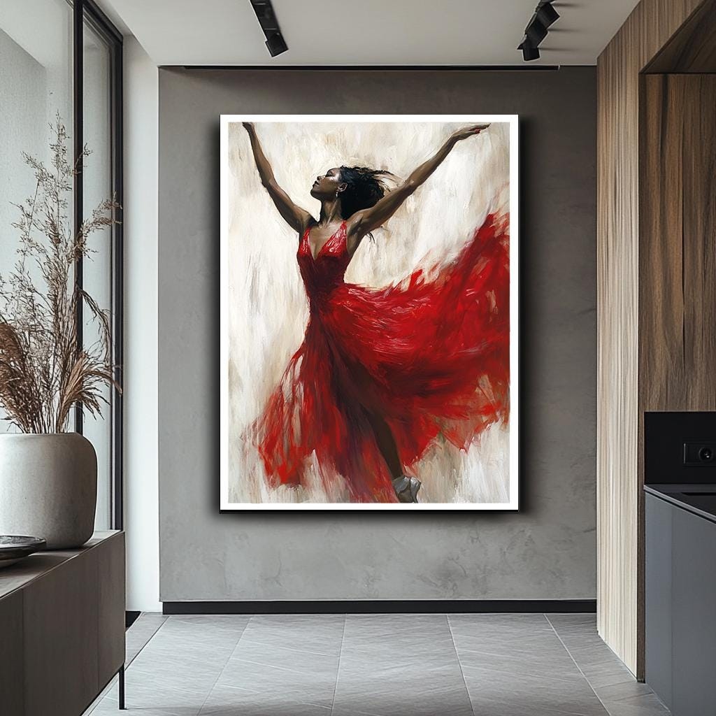 African Ballerina in Red Dress Canvas Print, Graceful Dance Art, Dynam