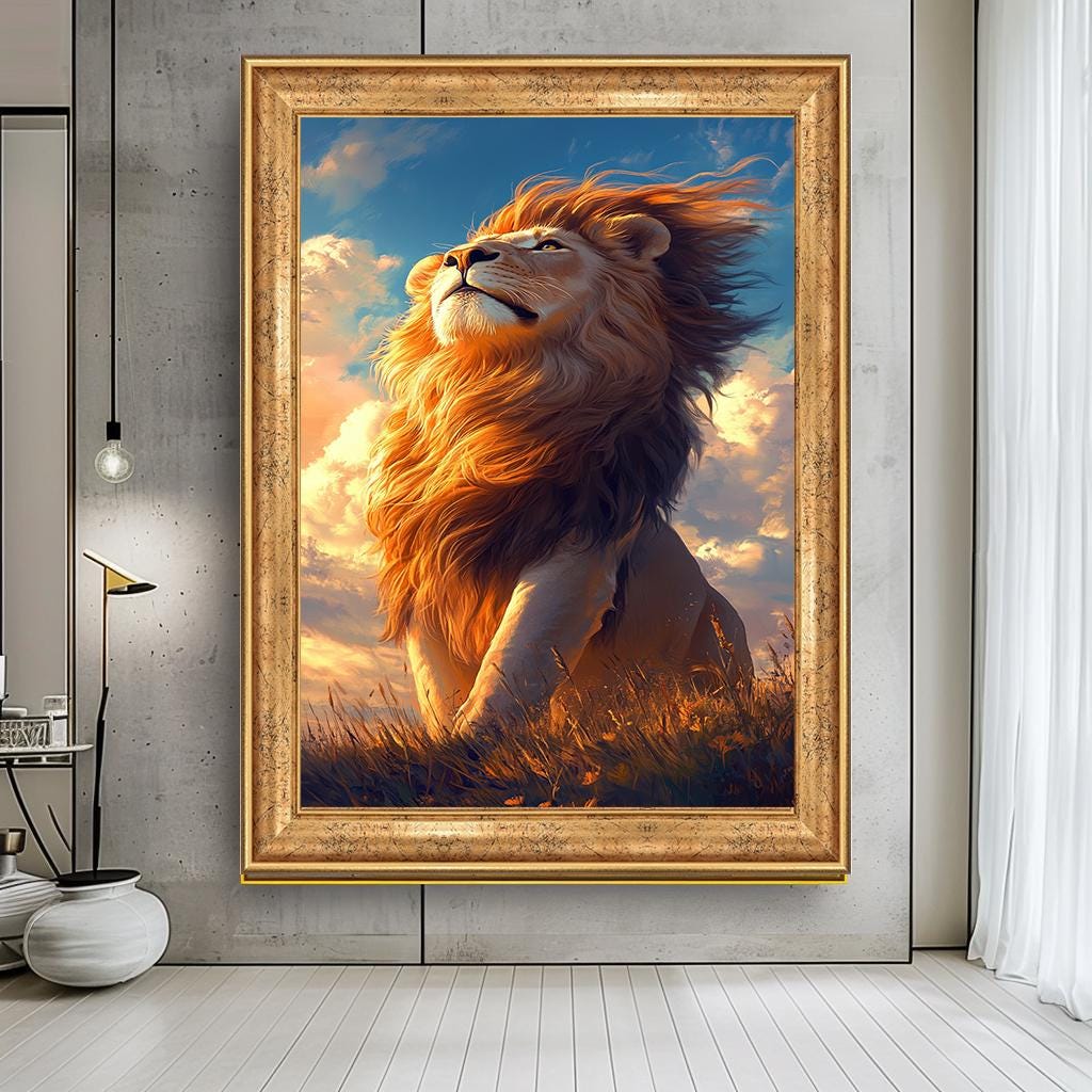 Görkemli Aslan Duvar Sanatı, Büyük Aslan Kanvas Tablo, Gün Batımı Safari Hayvan Tablosu, Aslan Kral Dekoru, Oturma Odası Tablosu Parçası, Hayvan Posteri