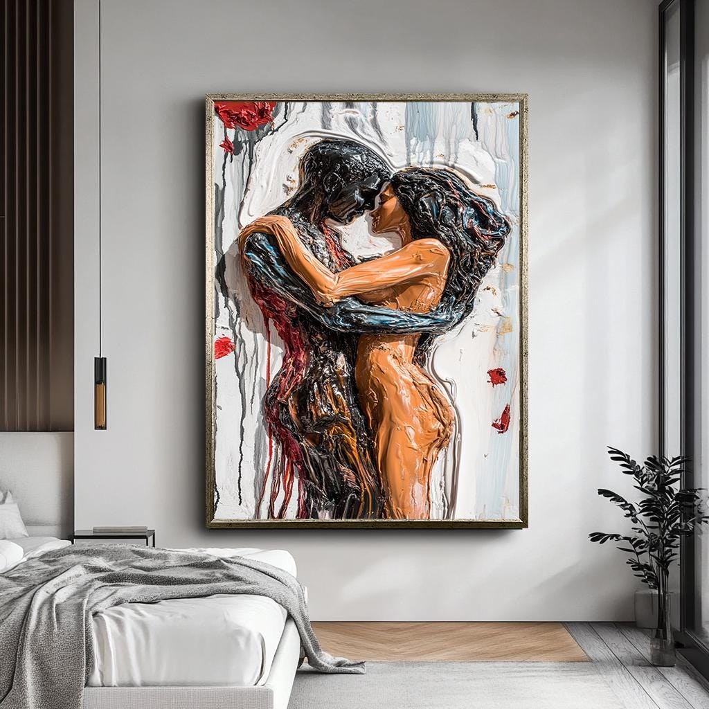 Romantic Couple Abstract Canvas Print, Passionate Lovers Wall Art, Mod