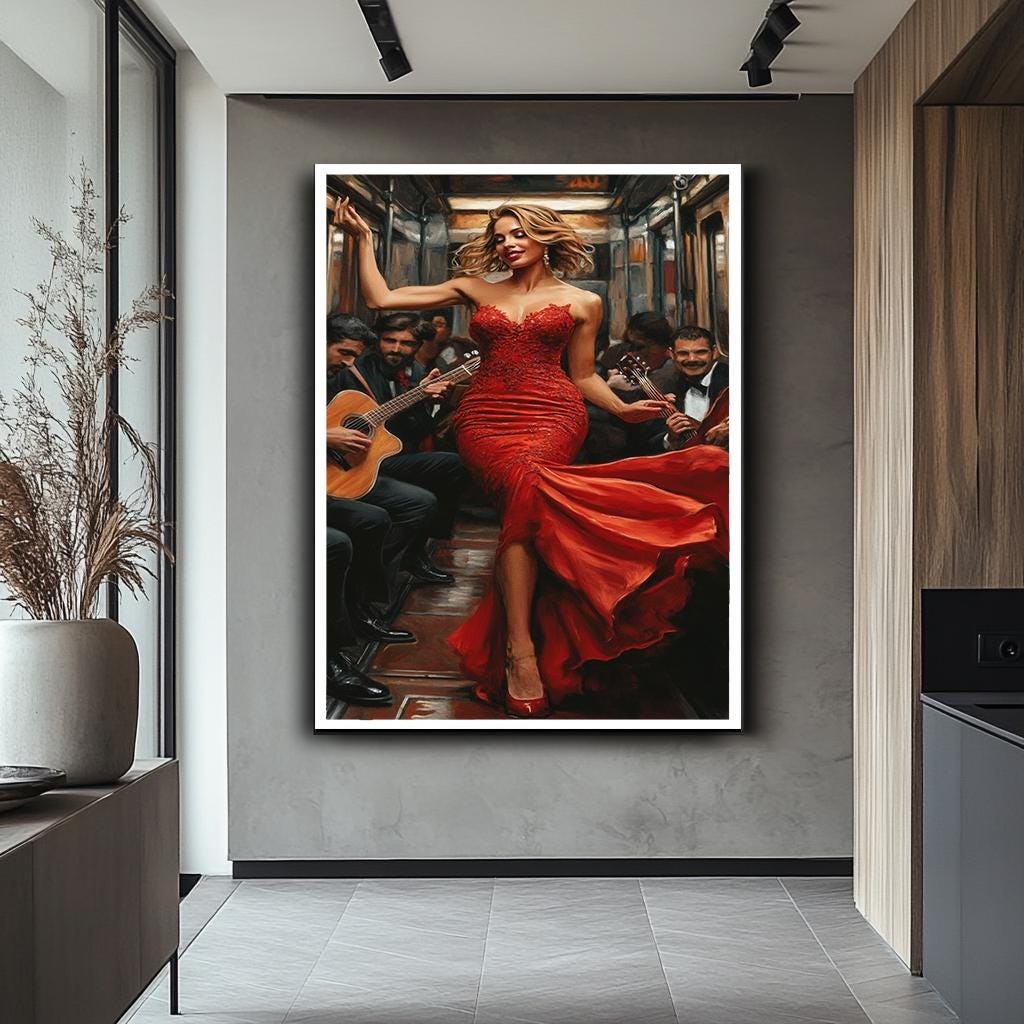 Glamorous Woman in Red Dress Canvas Print, Elegant Lady in Subway Art,