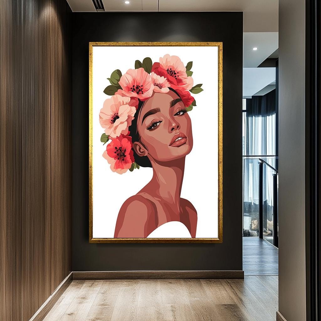 Floral Woman Portrait Wall Art, Elegant Flower Crown Canvas, Feminine 