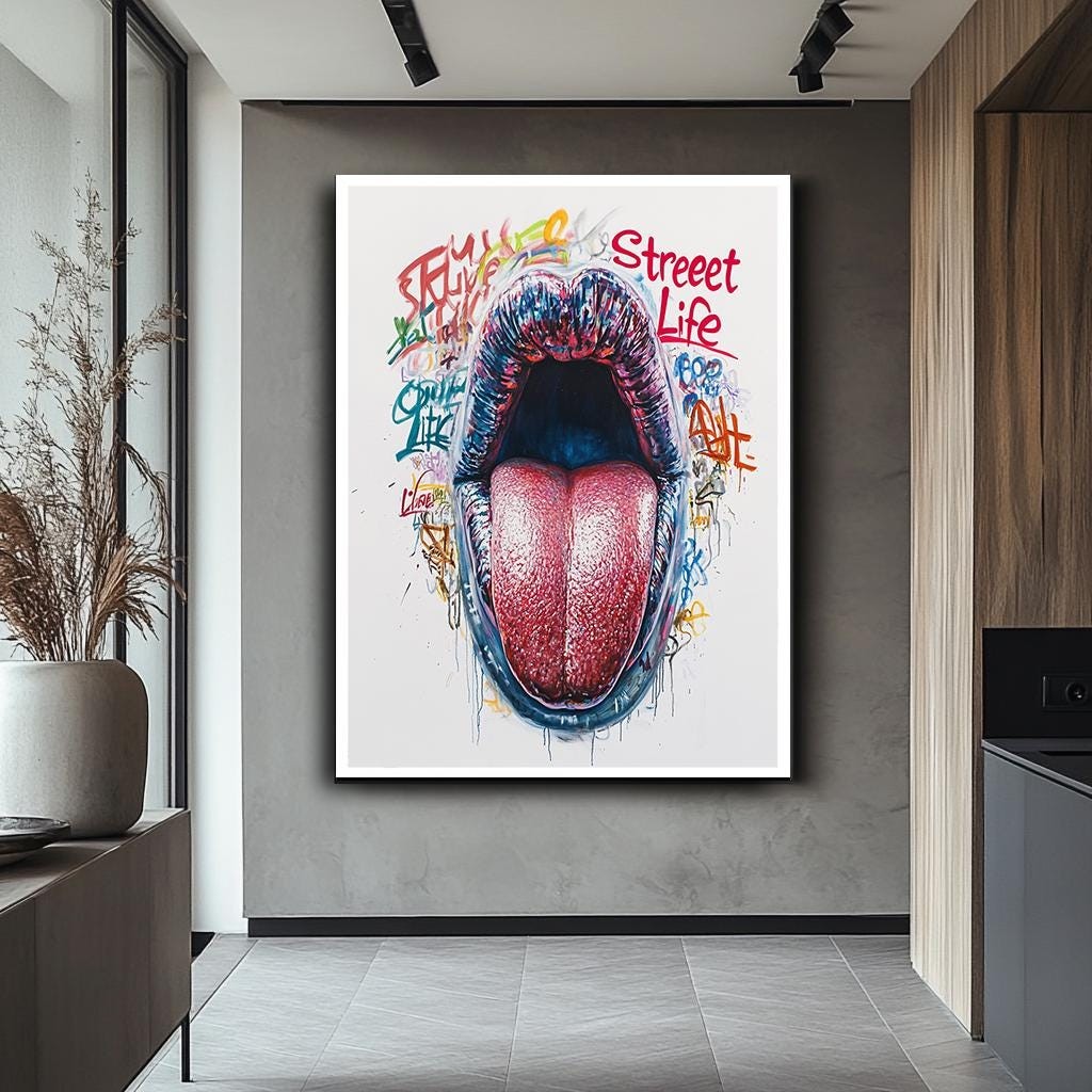Street Life Pop Art Canvas, Bold Graffiti Tongue Art, Vibrant Urban Wa