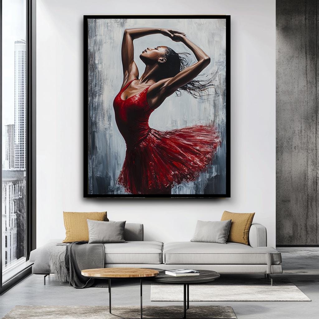 Elegant Ballerina Canvas Painting, Dynamic Dance Art in Red Dress, Lar