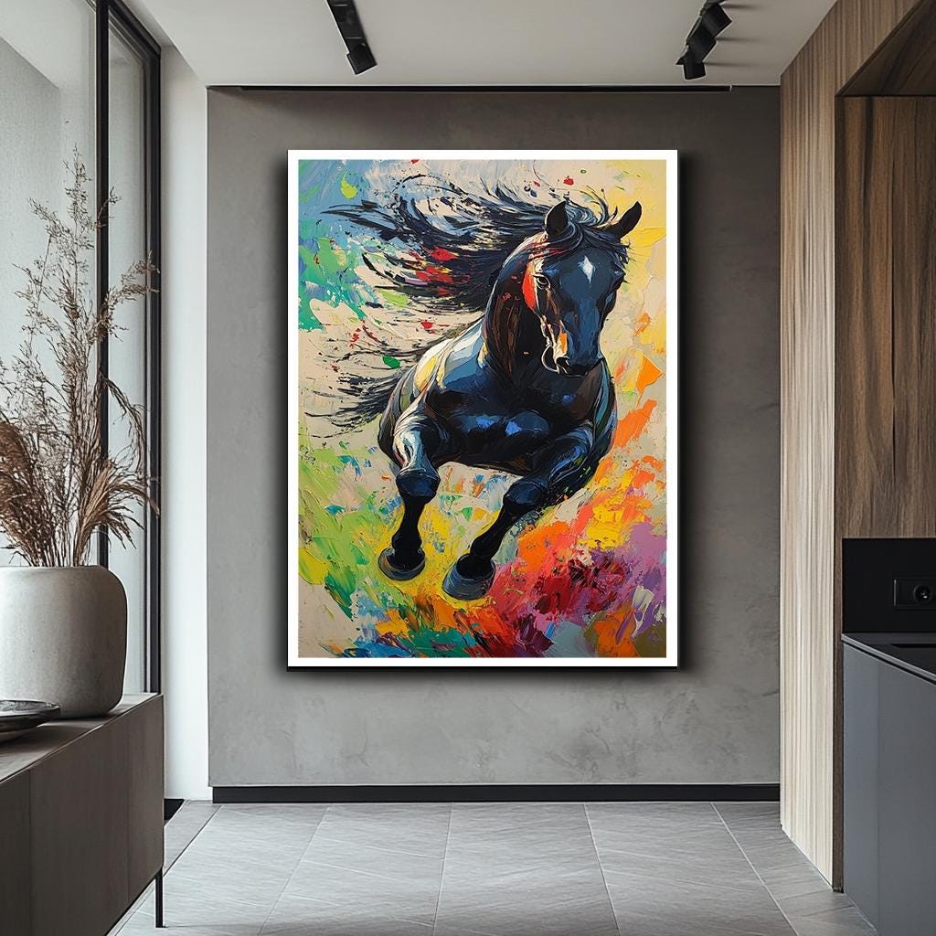 Vibrant Running Horse Canvas Art, Colorful Abstract Horse Painting, La