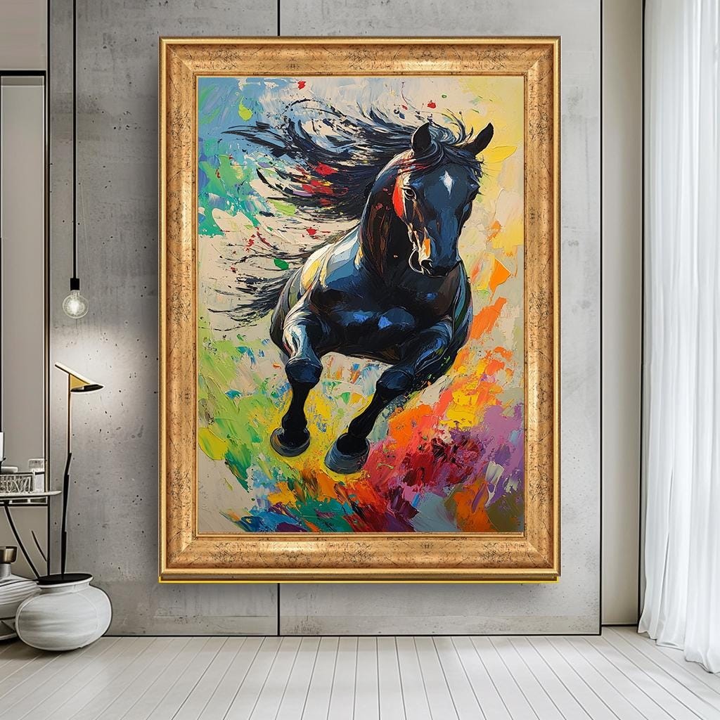 Vibrant Running Horse Canvas Art, Colorful Abstract Horse Painting, La