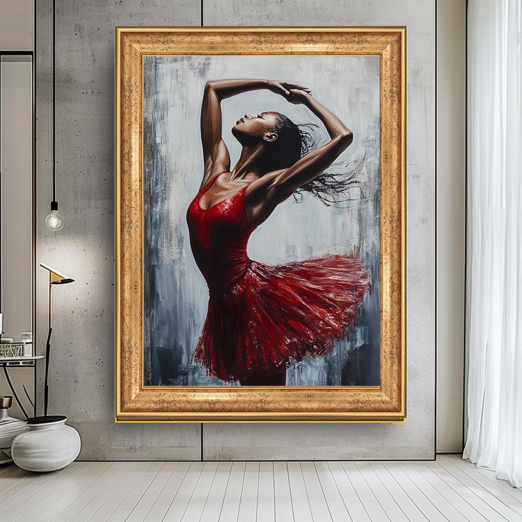 Elegant Ballerina Canvas Painting, Dynamic Dance Art in Red Dress, Lar