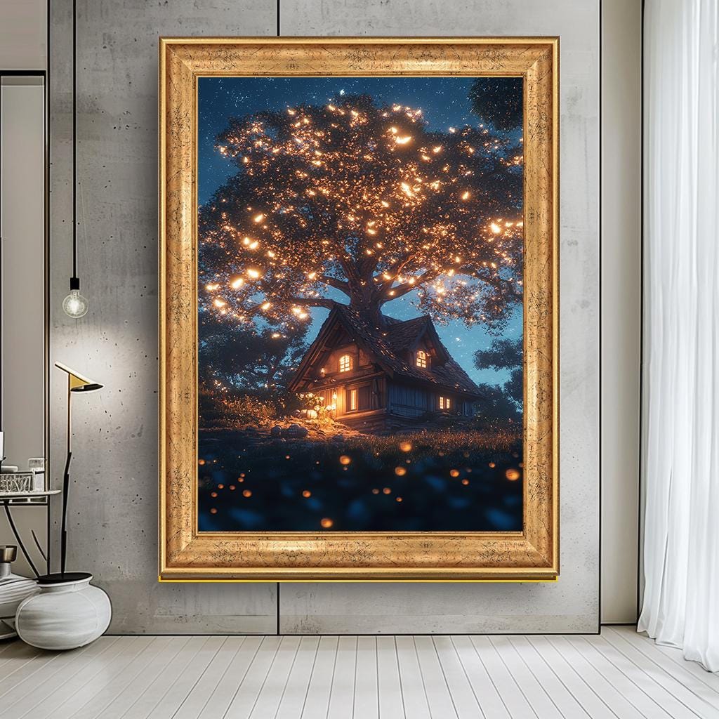 Magical Tree House Canvas Art | Cozy Cottage Under Starry Sky | Glowin