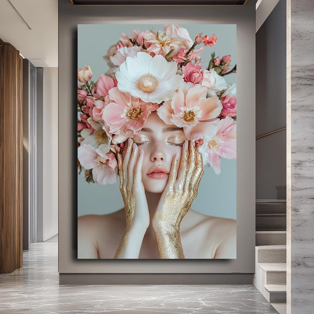 Floral Beauty Portrait Wall Art,,Woman Canvas Art, Woman with Flower C