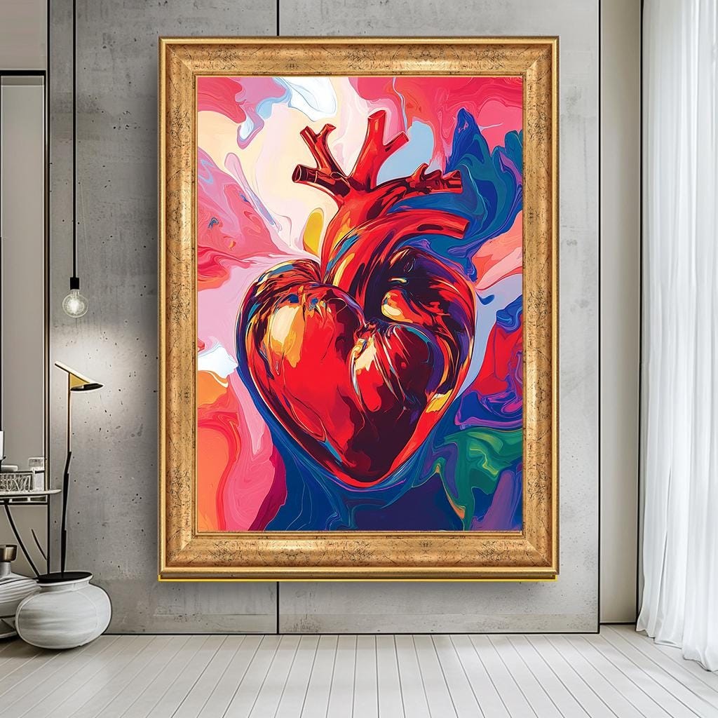 Vibrant Heart Wall Art, Bold Anatomical Heart Canvas Print, Colorful A