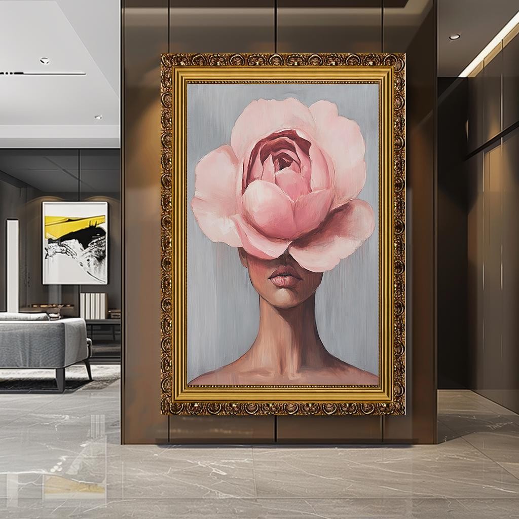 Floral Face Wall Art, Minimalist Woman with Pink Flower Canvas, Abstra