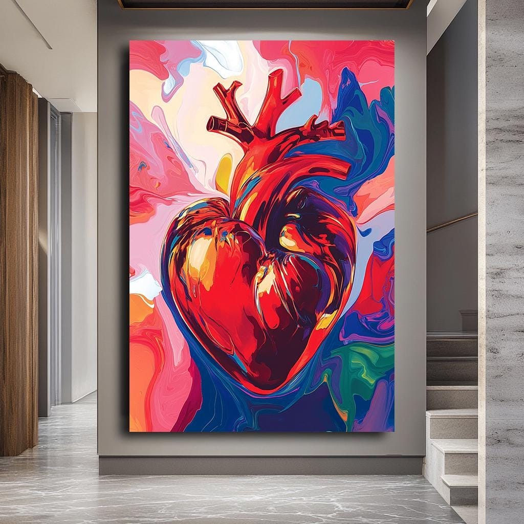 Vibrant Heart Wall Art, Bold Anatomical Heart Canvas Print, Colorful A