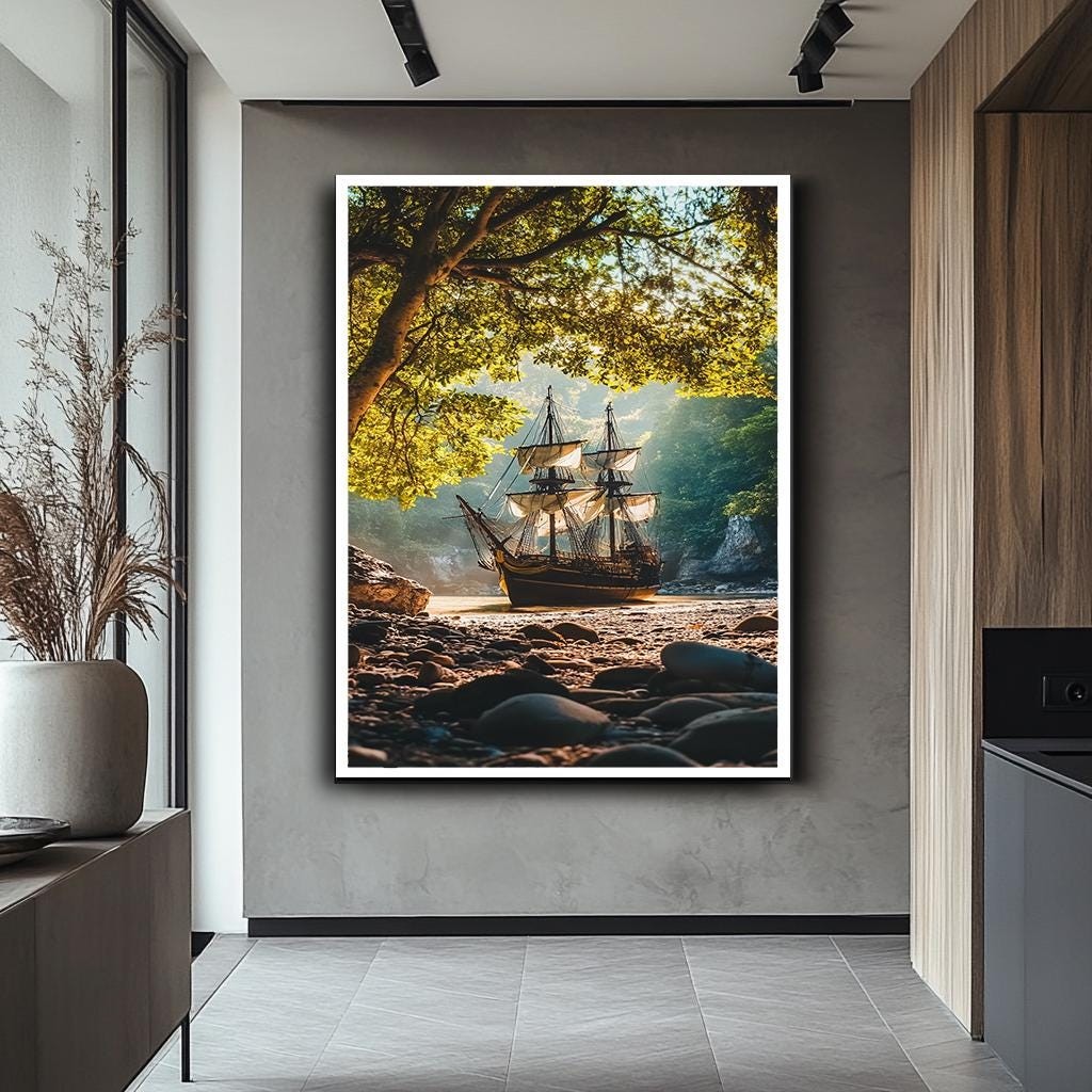 Vintage Ship in Forest Cove Wall Art – Scenic Nautical Canvas Print wi