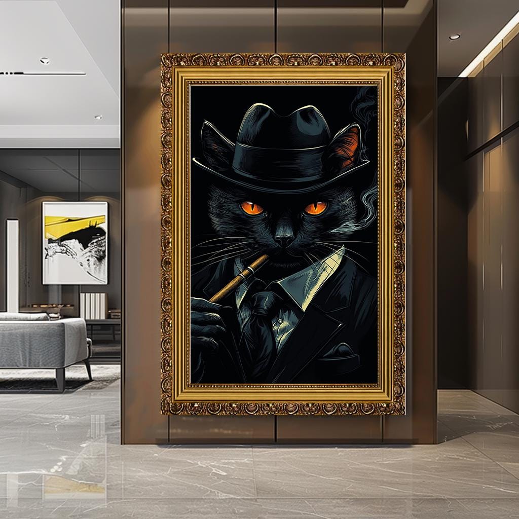 Sofistike Takım Elbiseli Kedi Kanvas Baskı, Şapkalı ve Purolu Şık Kedi Duvar Sanatı, Oturma Odası için Cesur ve Zarif Hayvan Portresi, Ev Dekorasyonu