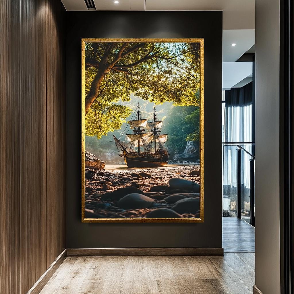 Vintage Ship in Forest Cove Wall Art – Scenic Nautical Canvas Print wi