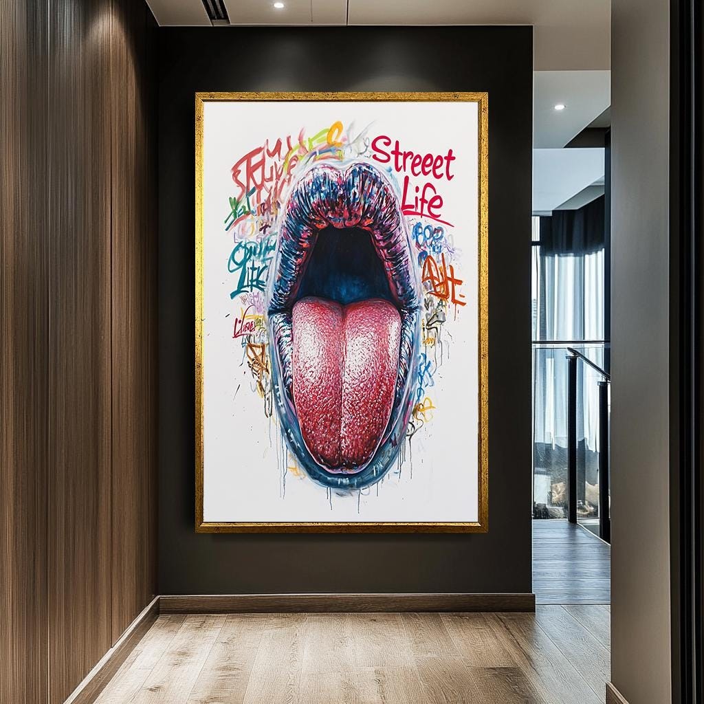 Street Life Pop Art Canvas, Bold Graffiti Tongue Art, Vibrant Urban Wa