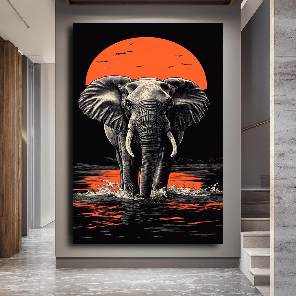 Majestic Elephant Sunset Wall Art, Bold African Wildlife Canvas, Vibra