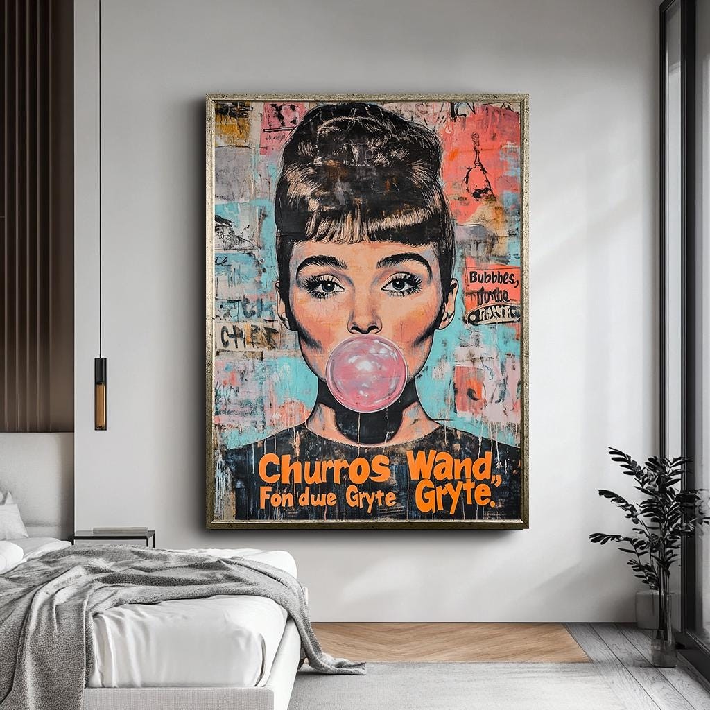 Audrey Hepburn Pop Art Canvas, Bubblegum Street Art Style, Large Moder