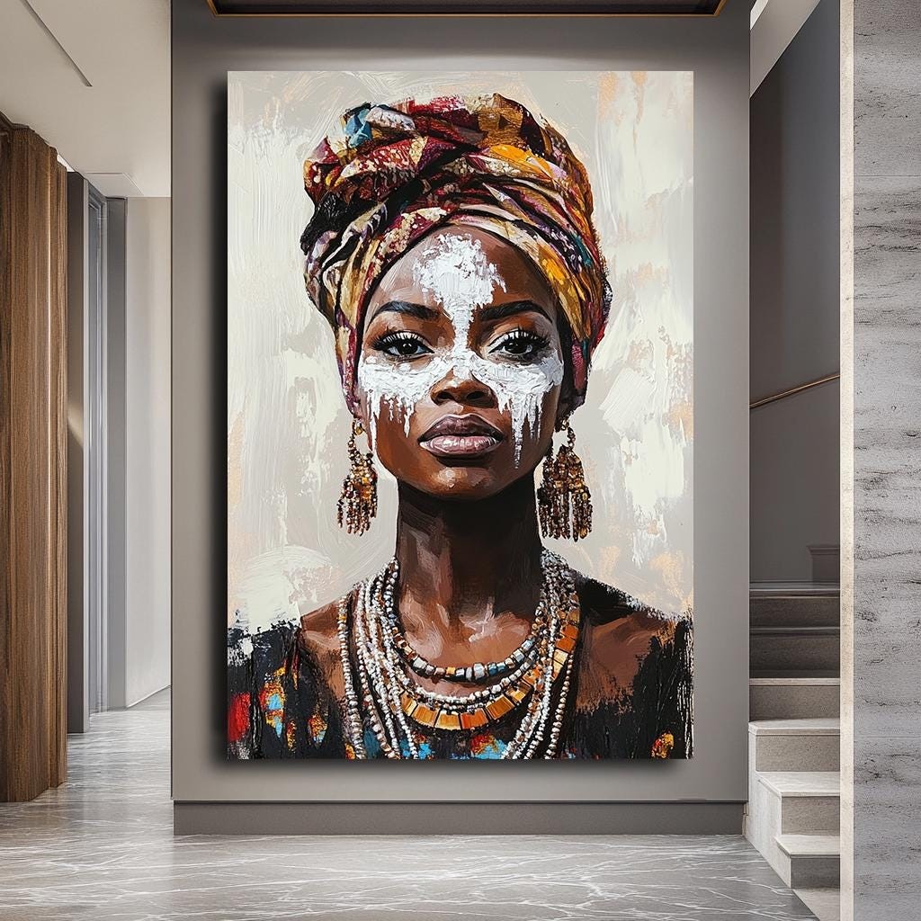 African Woman Portrait Wall Art, Bold Tribal Canvas, Cultural Expressi