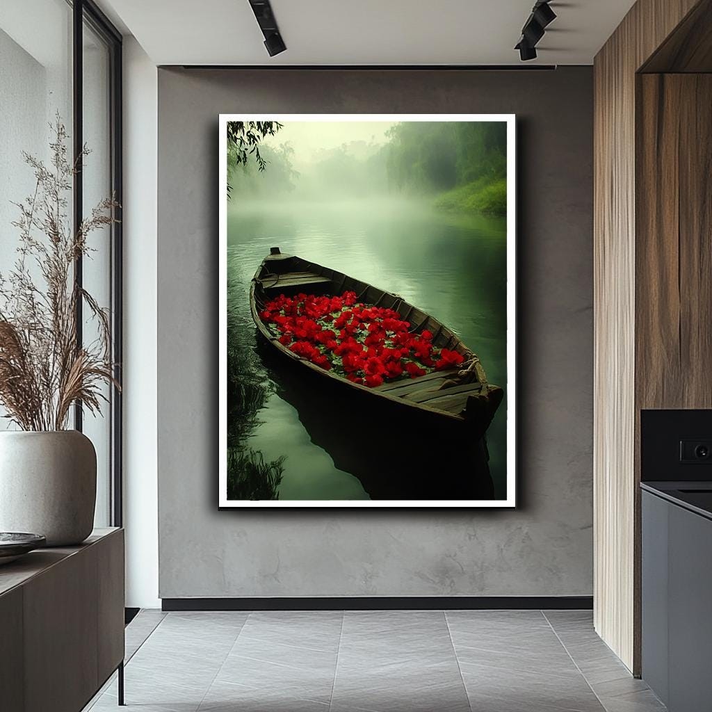 Mystical Boat with Red Flowers Canvas Print - Tranquil Nature Wall Art