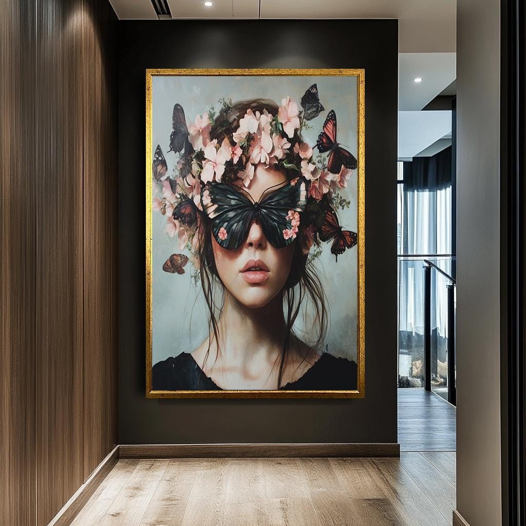 Butterfly Woman Portrait Art, Surreal Floral Crown Canvas, Elegant Fan