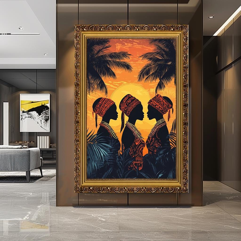 African Sunset Silhouette Canvas Print - Tribal Women Wall Art - Bold 