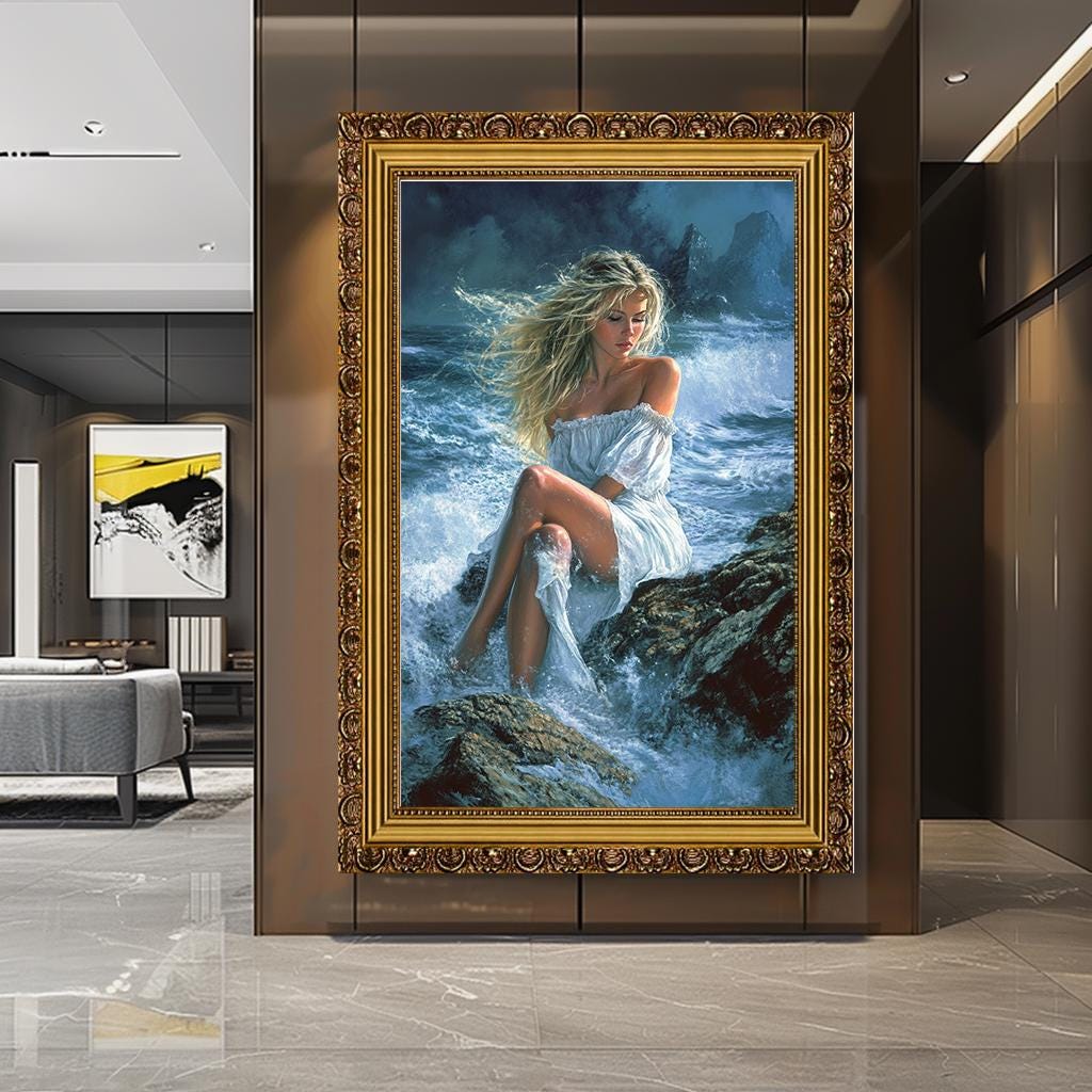 Romantic Woman on Rocks Canvas Art, Ocean Waves Wall Art, Serene Beach